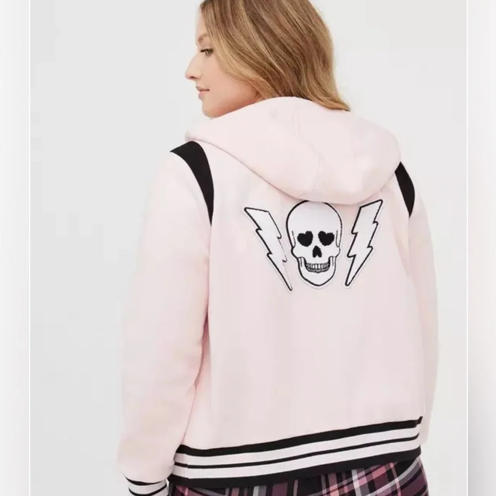 Torrid Plus Size 2X Light Pink Skull Goth Fleece Varsity Bomber Jacket NEW